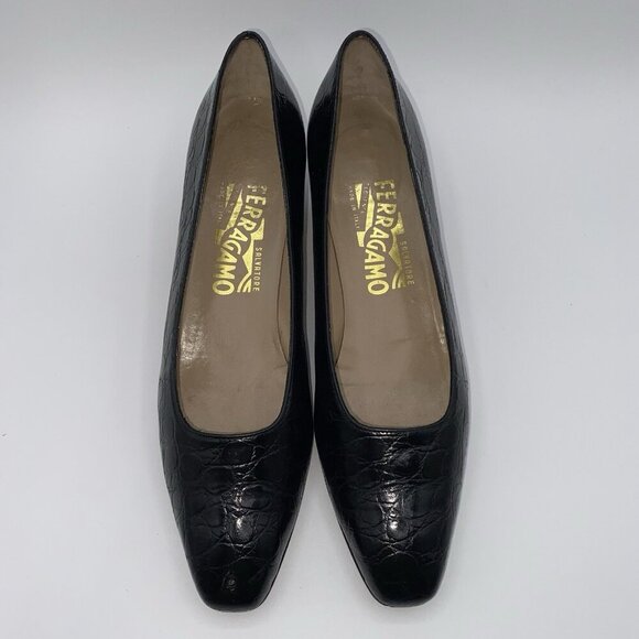Salvatore Ferragamo Black Leather Croc Print Low Block Heel Slip-On 7.5AA Shoes - Picture 5 of 16